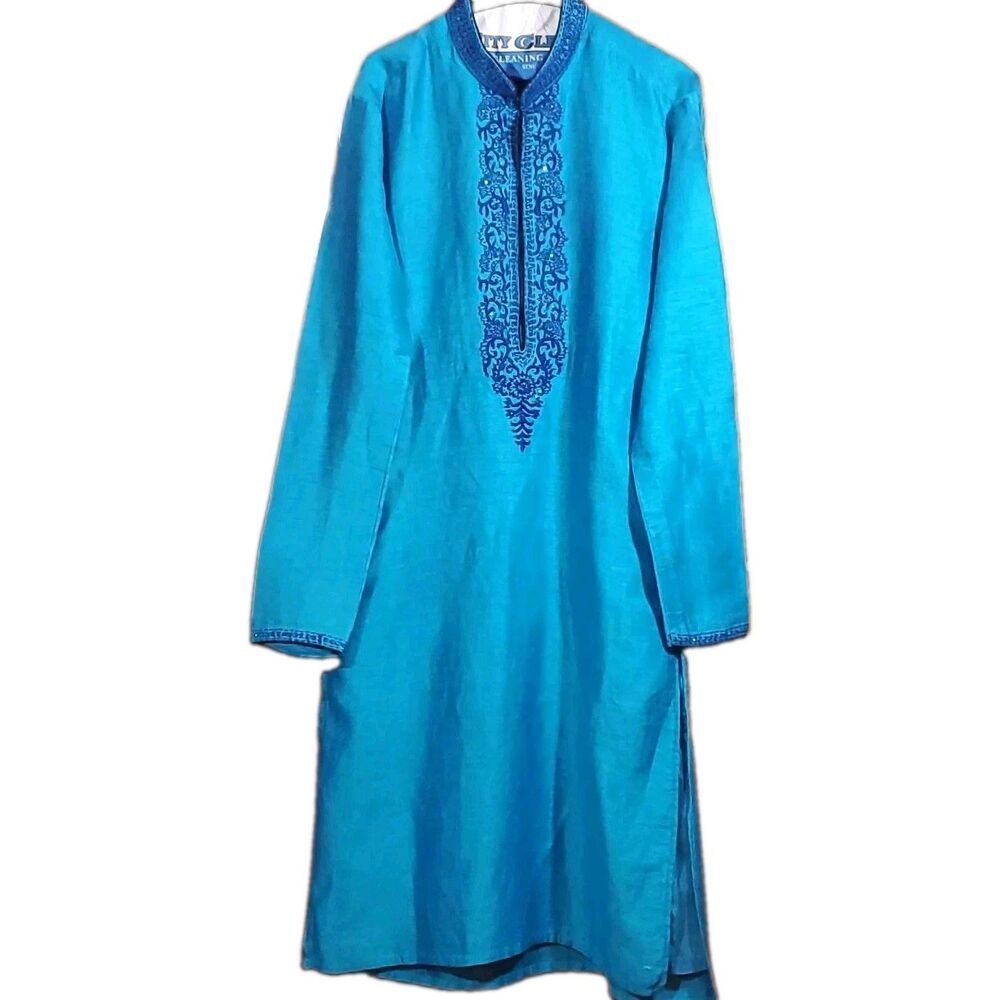 Avega LG Blue Long Embroidered Long Sleeve Indian Traditional Kurta Tunic
